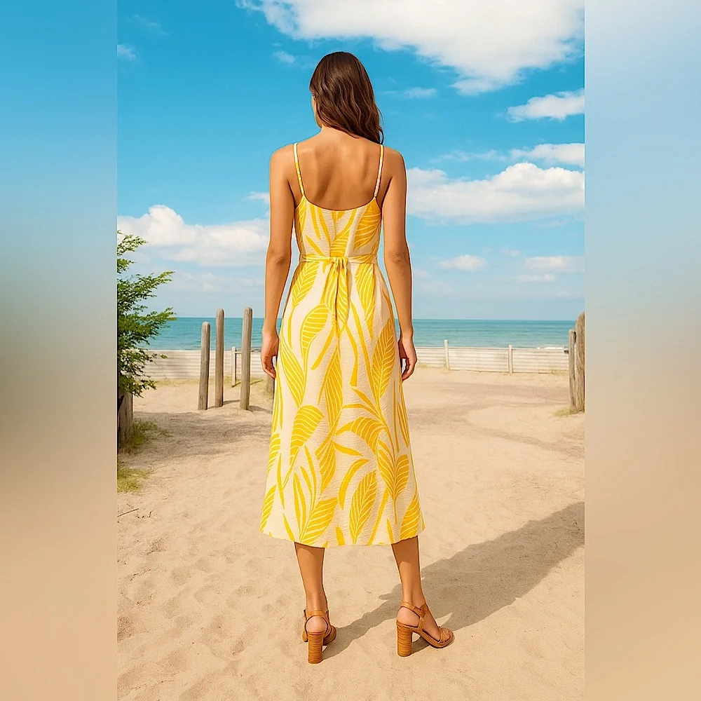 Lascana Yellow Tropical Leaf Print Sundress XL A-Line Belted Midi Dress NWT New - Picture 2 of 5